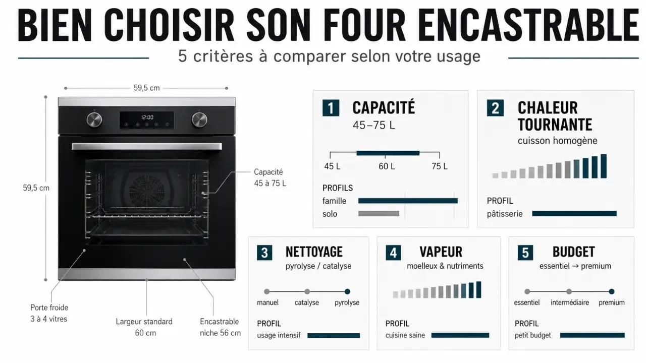 Comparatif four encastrable comparatif des critères clés : capacité, nettoyage, chaleur tournante, vapeur et budget