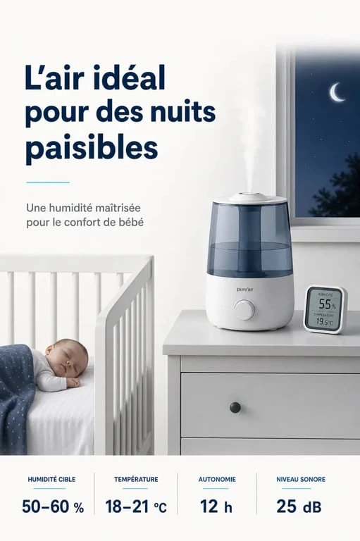 Humidificateur pour bebe dans une chambre de bébé avec hygromètre et repères de sécurité
