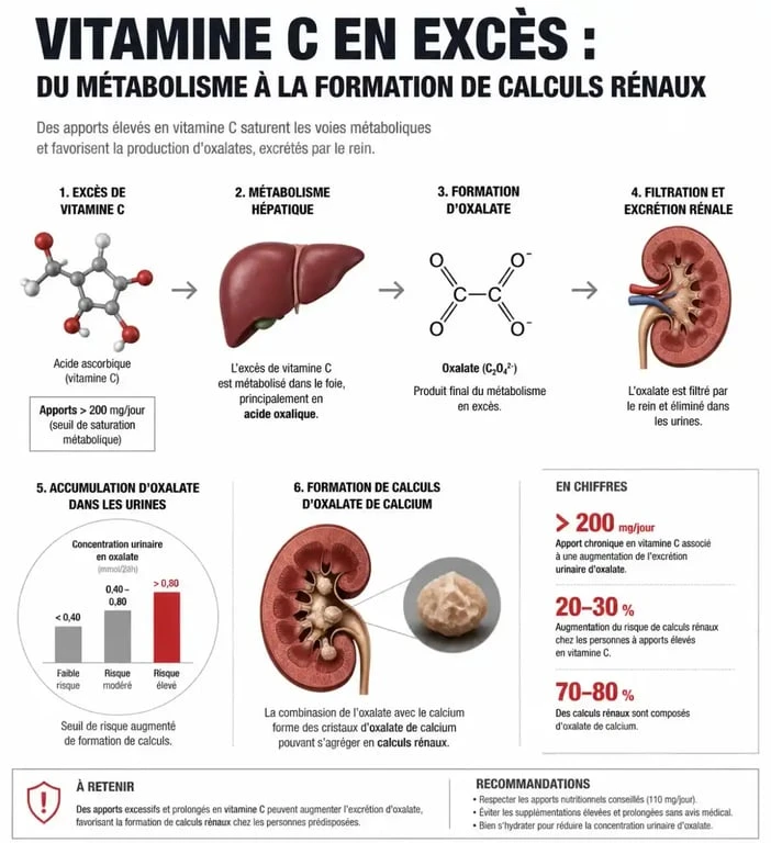 Schéma explicatif des effets secondaires de la vitamine C et formation de calculs rénaux