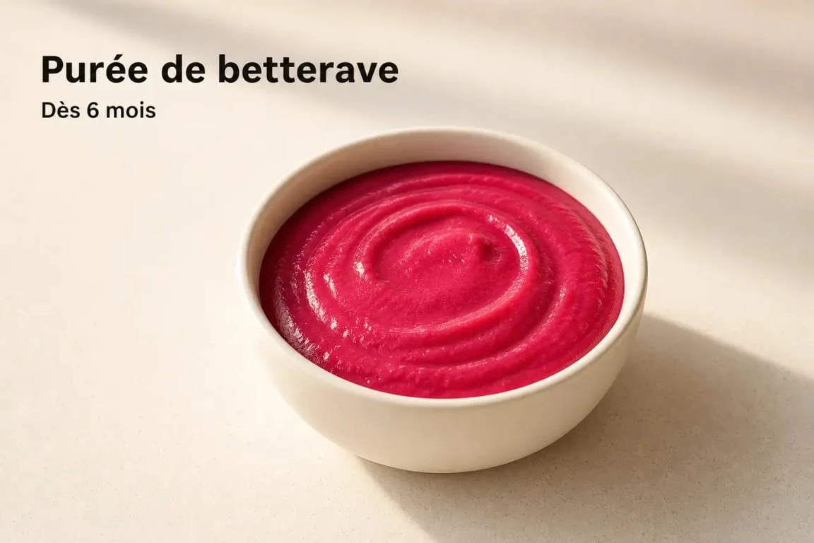 Recette purée de betterave bébé servie dans un petit bol à la texture lisse