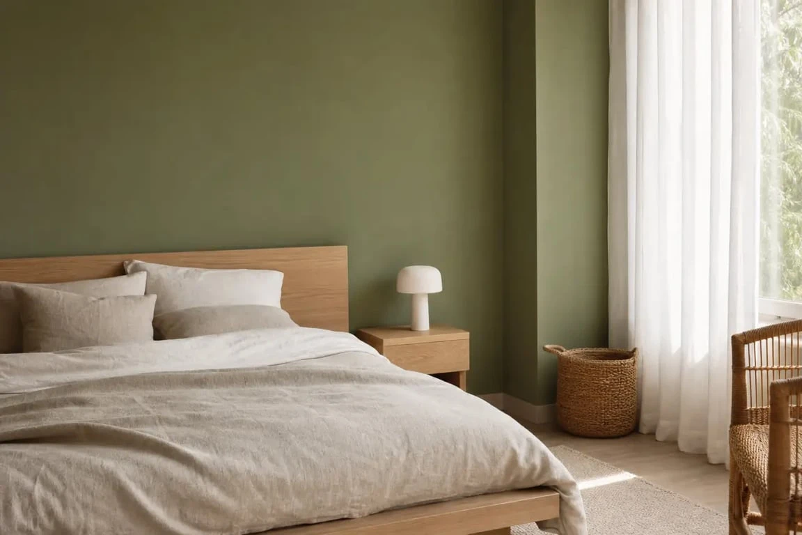 Chambre vert sauge et bois dans une ambiance naturelle et apaisante