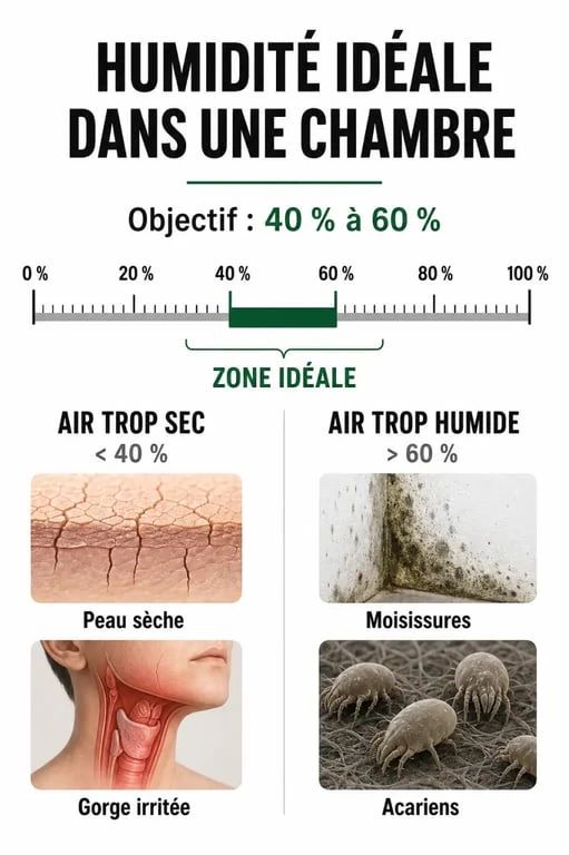 Infographie sur le taux d'humidité idéal pour humidifier une chambre et les risques d'un air trop sec ou trop humide