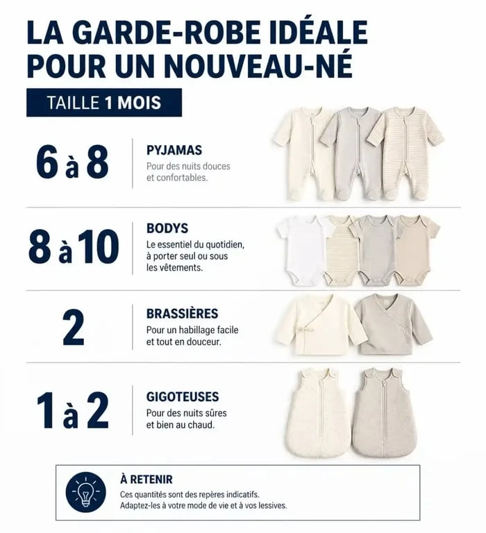 Infographie récapitulative de la garde-robe idéale pour un bébé de 1 mois : combien de pyjamas et vêtements prévoir.