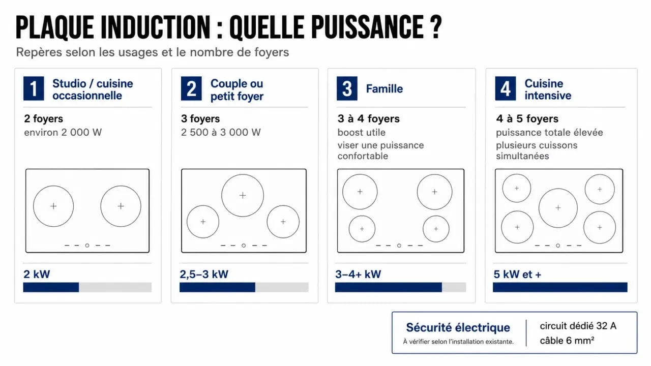 Plaque induction quelle puissance : comparatif visuel des puissances recommandées selon l’usage et le nombre de foyers