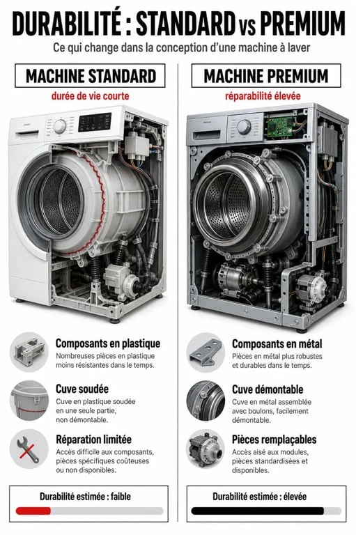 Comparatif de durabilité et réparabilité : machine à laver standard vs premium pour optimiser la durée de vie de votre appareil.