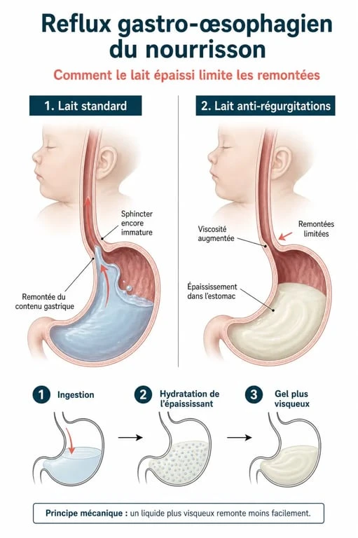 Schéma explicatif du fonctionnement du lait anti régurgitations et du reflux chez le bébé