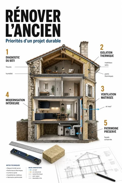 Rénovation maison : illustration éditoriale des priorités d’un projet, du diagnostic à la finition