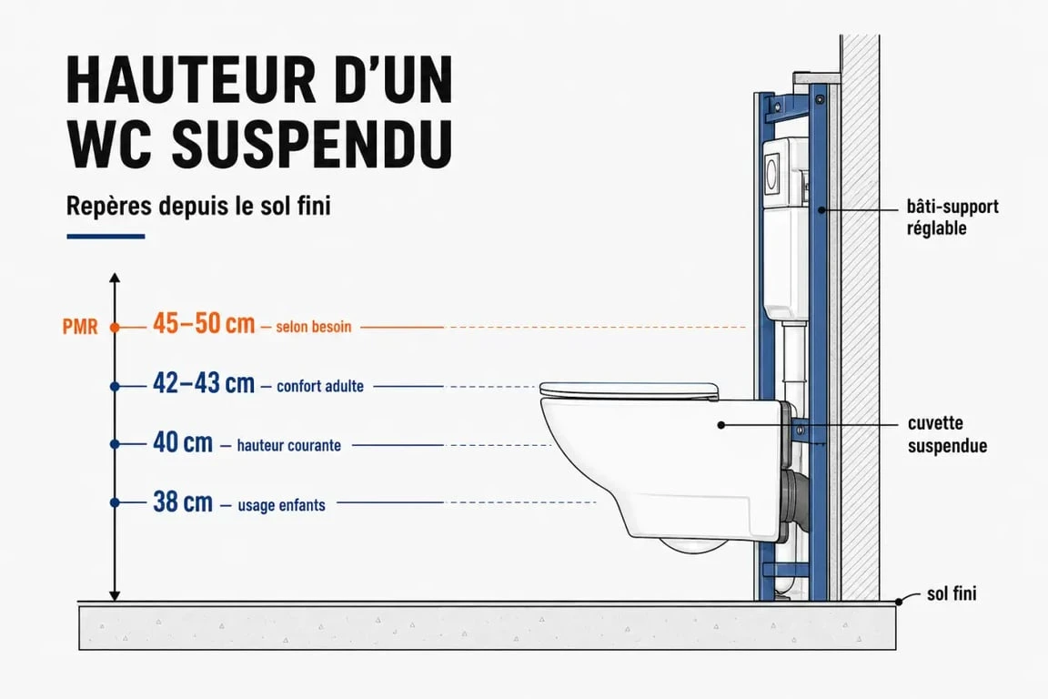 Infographie sur la hauteur toilette suspendu avec repères de 38 cm, 40 cm et 42–43 cm selon l’usage