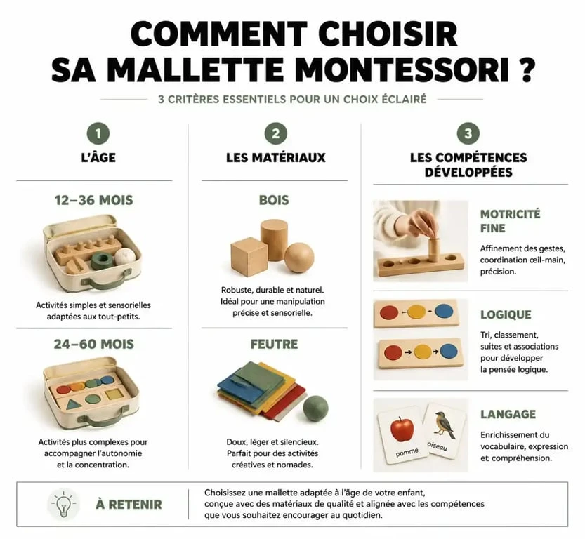 Infographie des critères de choix pour une mallette Montessori adaptée au développement de l'enfant