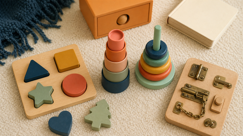 Jeu Montessori 18 mois : trier, empiler, encastrer, puzzle et gobelets en bois
