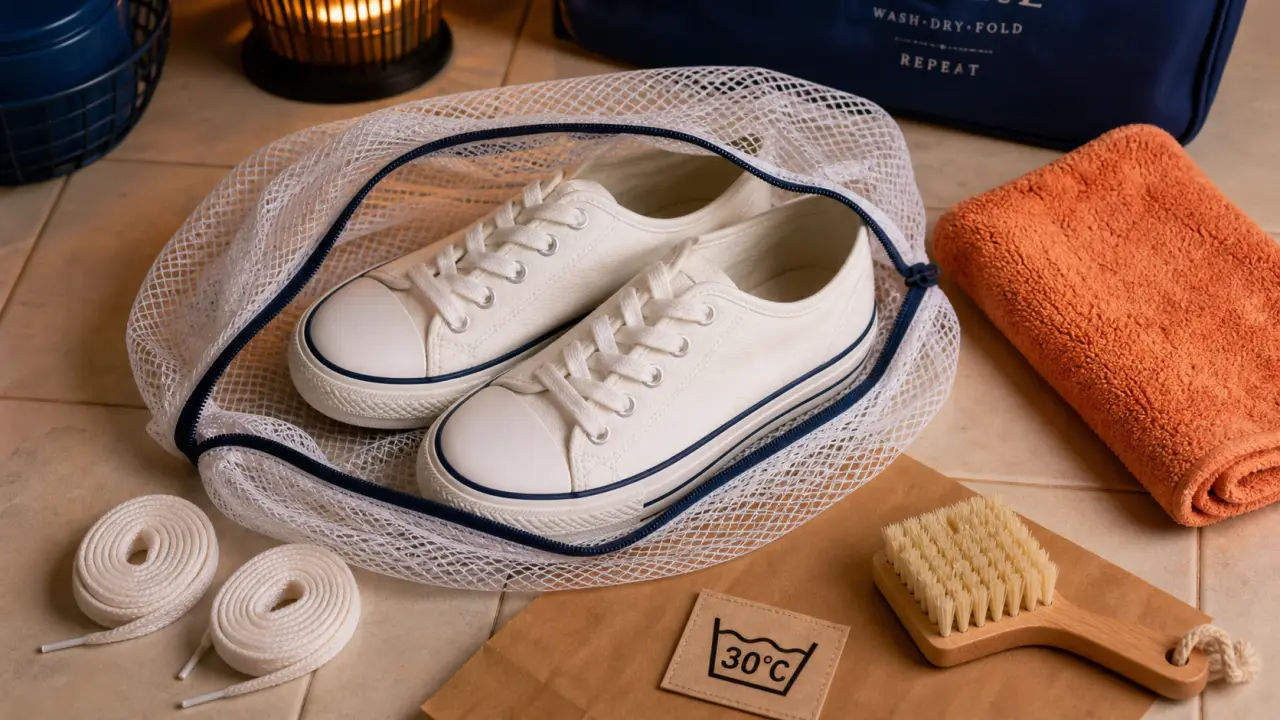 Laver chaussures machine à 30°C en filet, essorage doux, brossage préalable