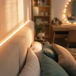 Ruban LED déco chambre derrière la tête de lit beige