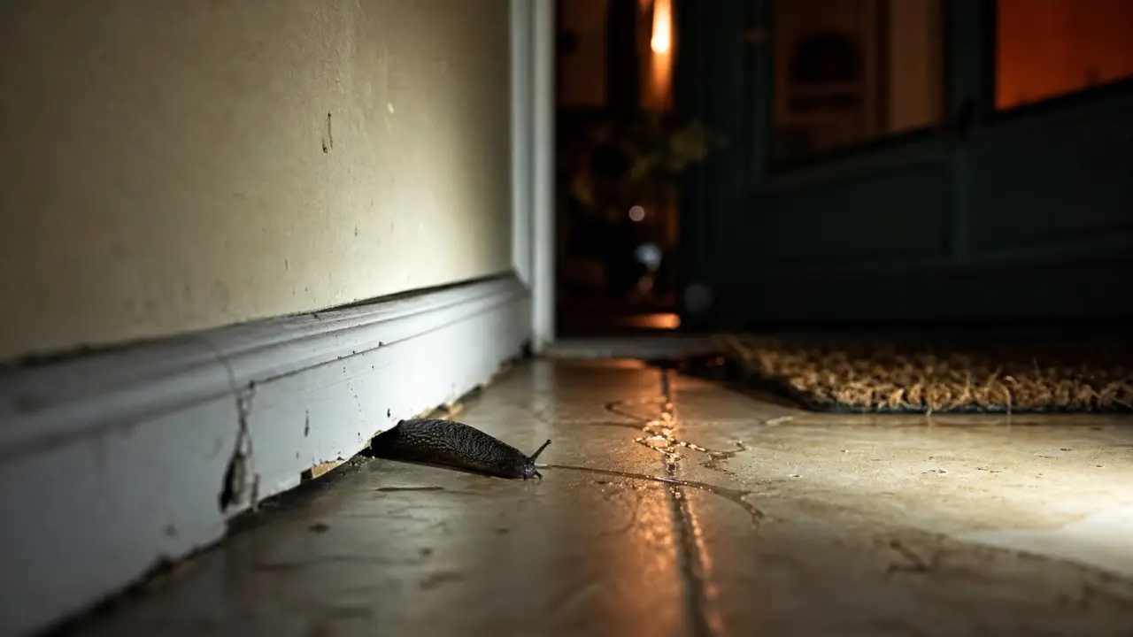 Limace dans la maison près du seuil, humidité et plinthe décollée
