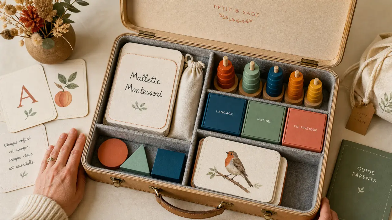 Malette montessori ouverte sur table, cartes et boîtes de rangement