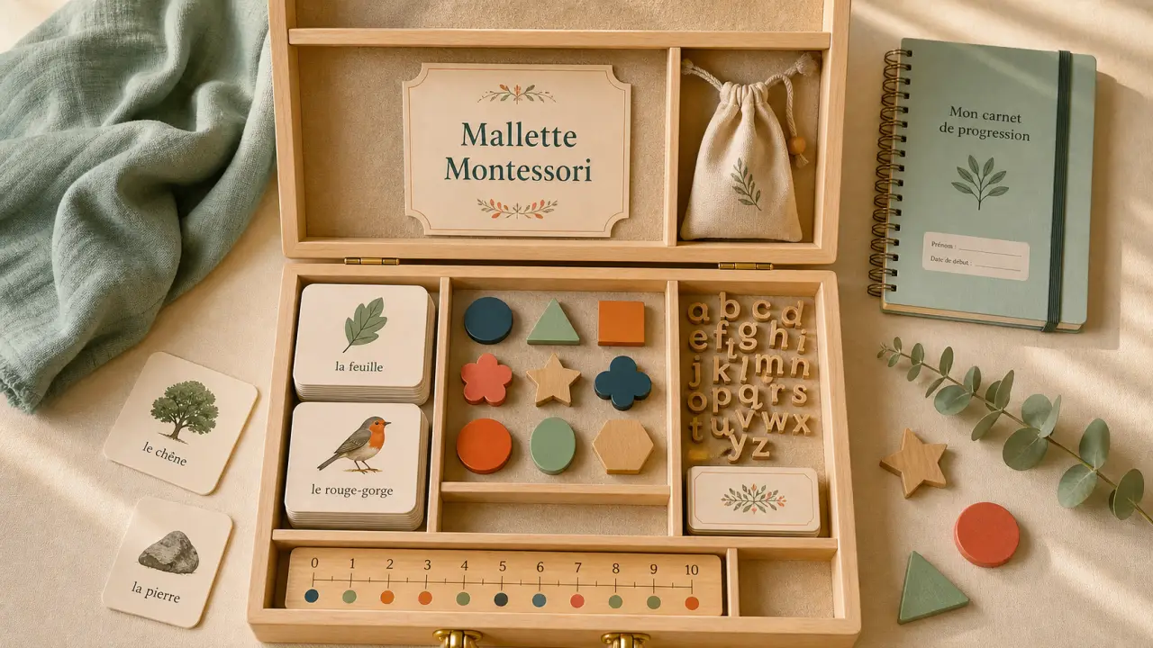 Malette Montessori ouverte avec matériel d’apprentissage par âge