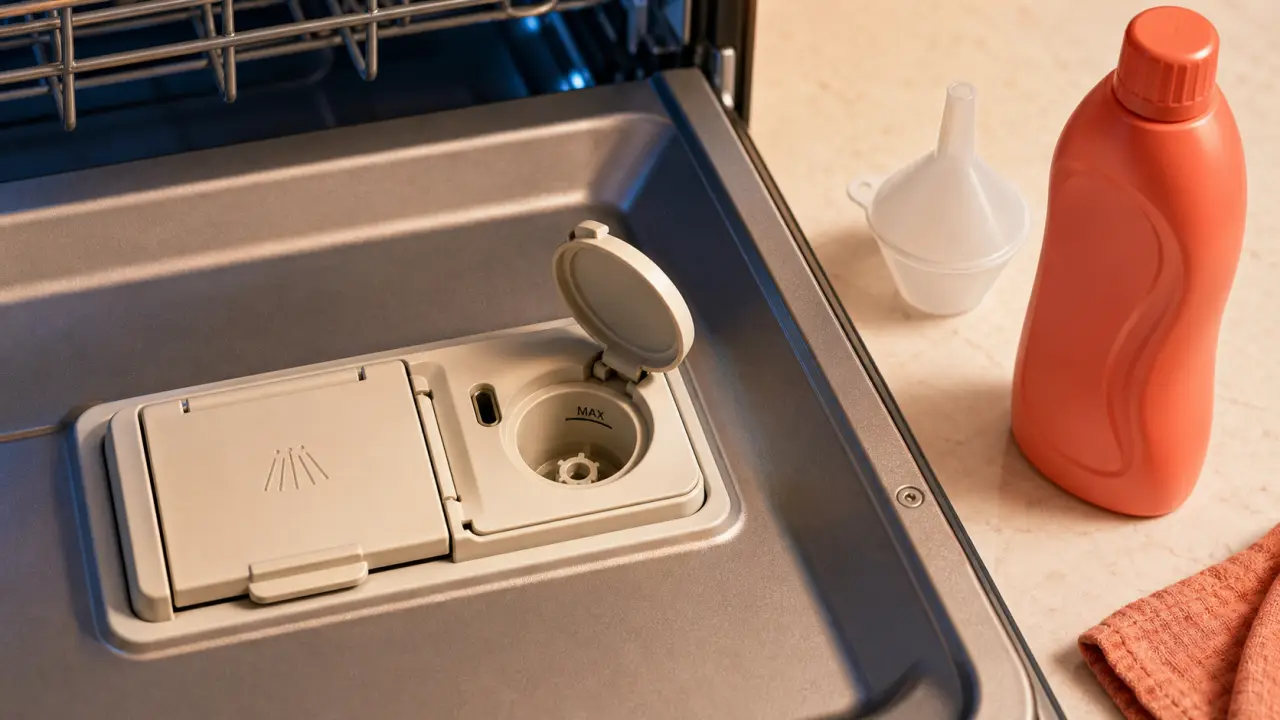 Où mettre le liquide de rinçage lave vaisselle : repère MAX sur la porte