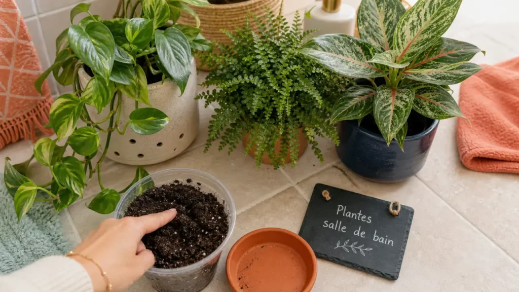 Plantes faciles pour salle de bain : pothos, fougère et aglaonema en pot