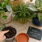 Plantes faciles pour salle de bain : pothos, fougère et aglaonema en pot
