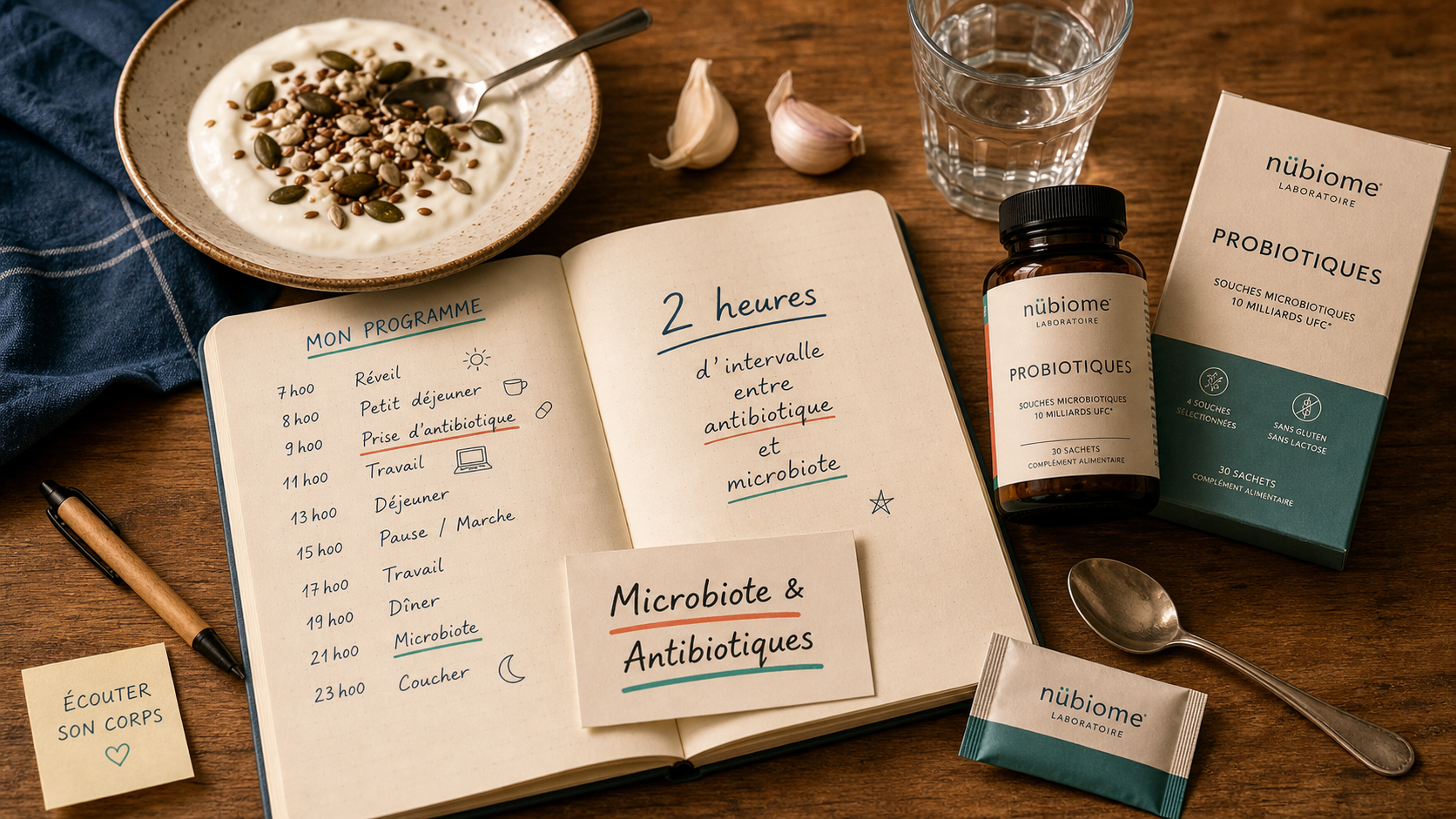 Probiotique apres antibio : flacon et planning pour reconstituer le microbiote