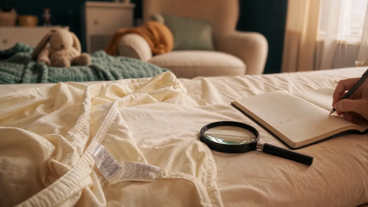 Punaise de lit bébé : loupe sur drap-housse de lit de bébé pour vérifier les boutons nocturnes