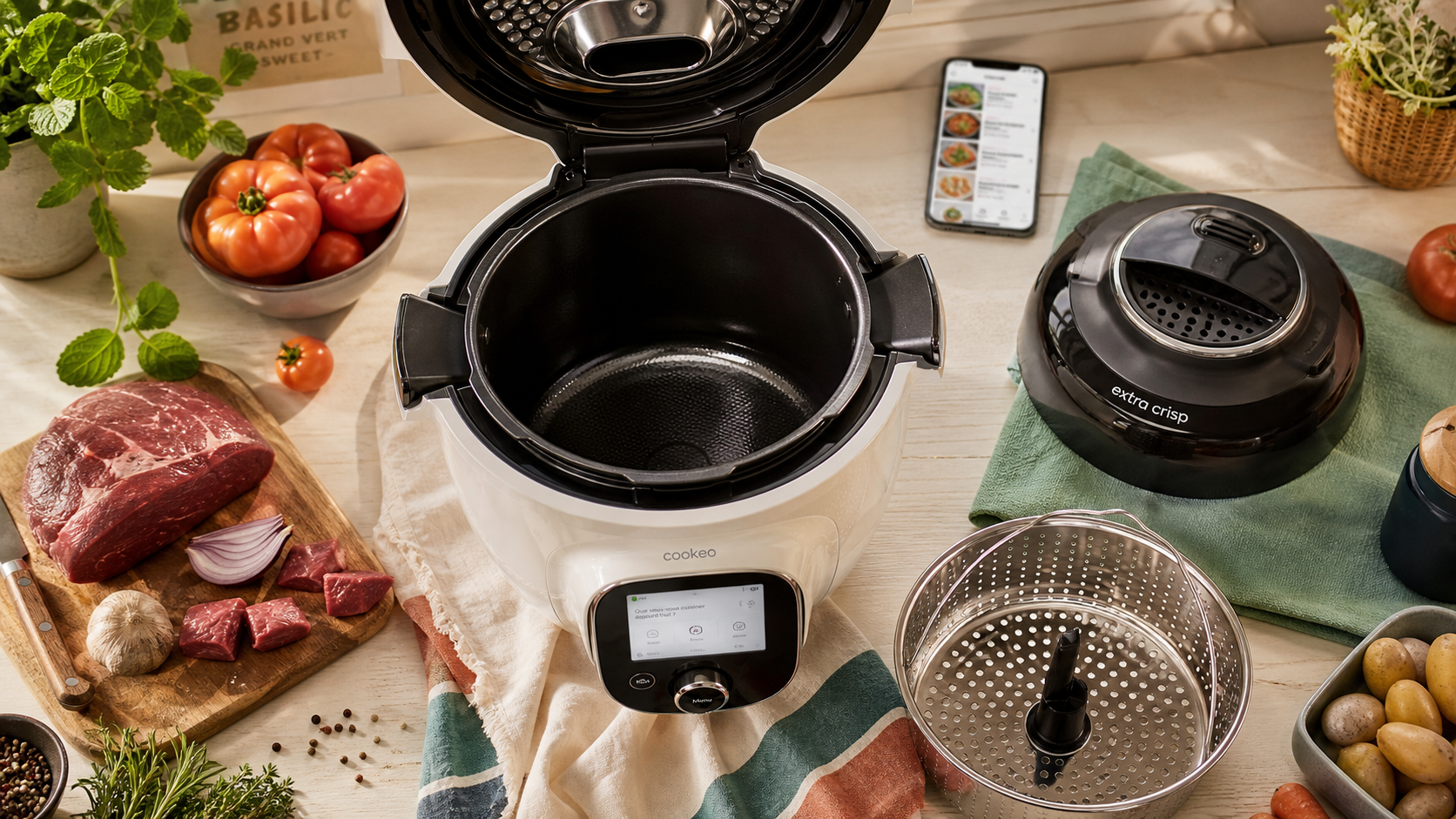 Quel cookeo choisir?? Multicuiseur Cookeo ouvert avec accessoires et ingrédients