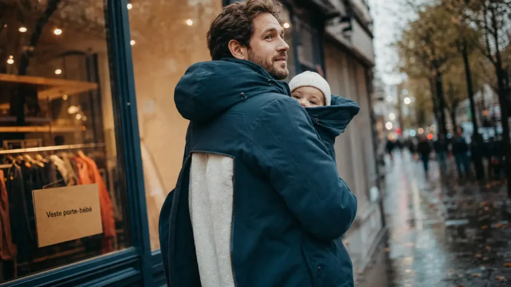 Veste porte bébé 4-en-1 : parent en extérieur, bébé porté