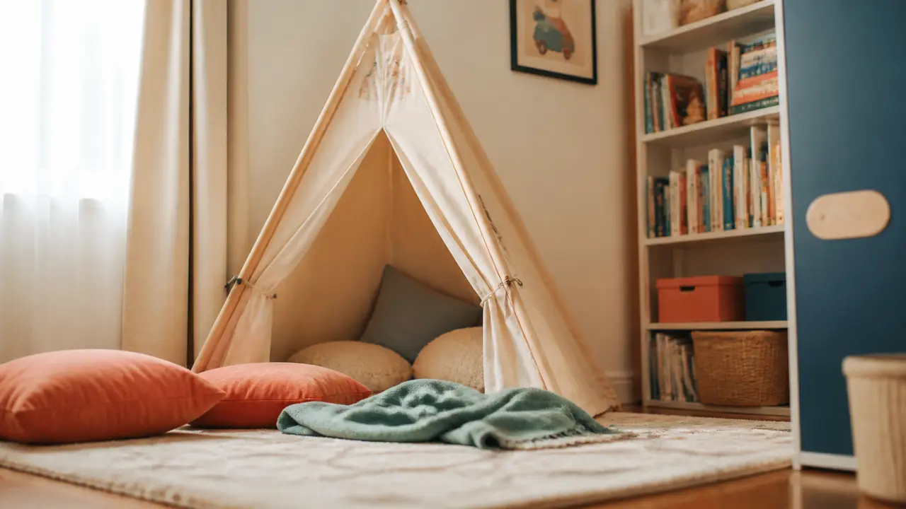 Cabane chambre enfant : tipi en toile beige-crème, chambre lumineuse