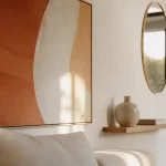 Idées pour décorer mur blanc : tableau abstrait, miroir et étagère flottante