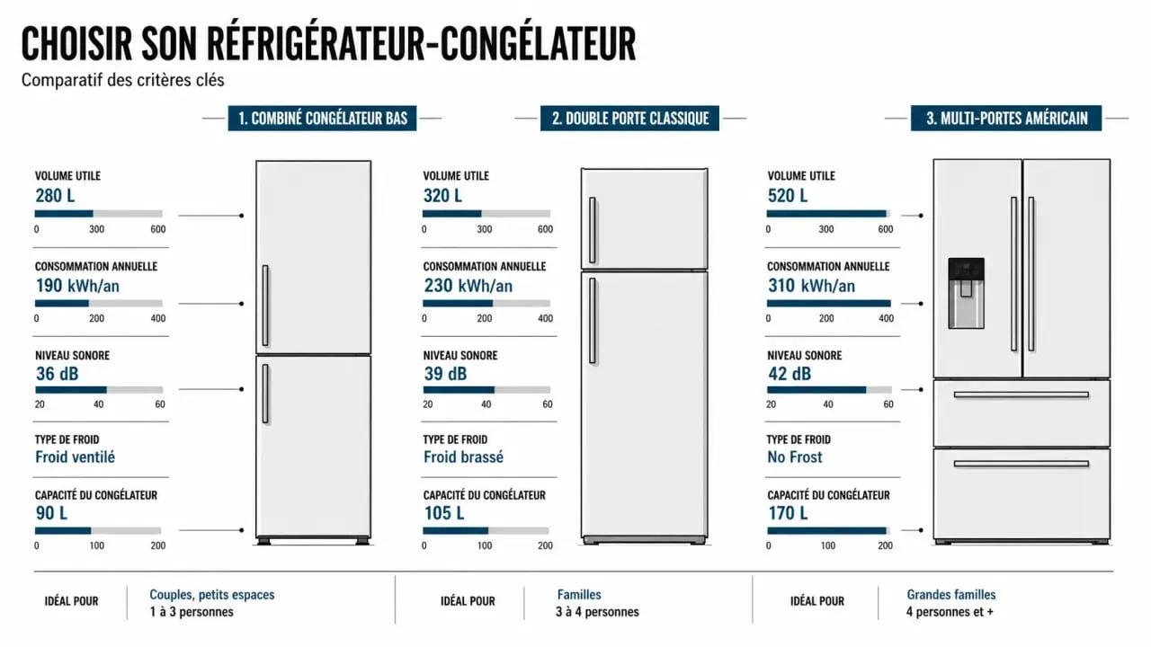 Comparatif du meilleur réfrigérateur congélateur avec critères de volume, consommation et bruit