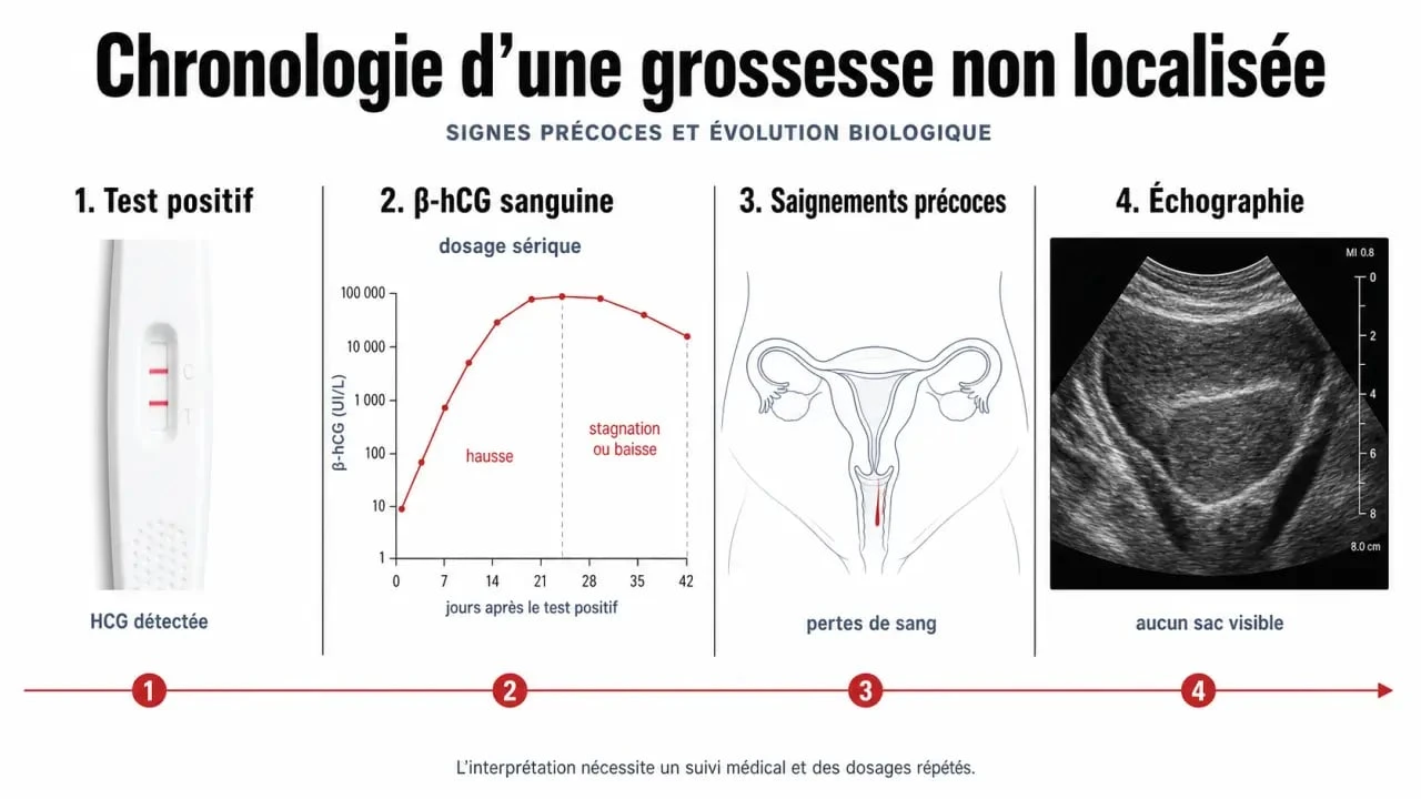 Grossesse chimique : schéma chronologique montrant test positif, bêta-hCG qui baisse, saignements précoces et absence de sac gestationnel
