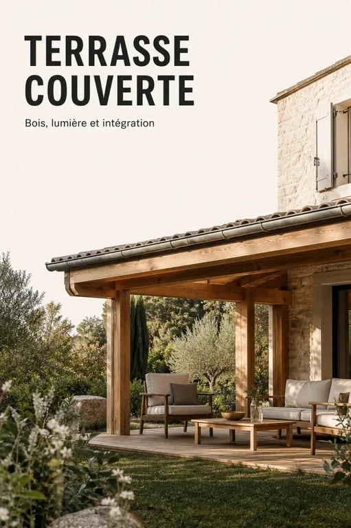 Terrasse couverte maison en bois devant une façade traditionnelle