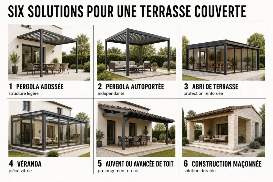 Comparatif terrasse couverte maison : pergola, abri de terrasse, véranda, auvent et construction maçonnée