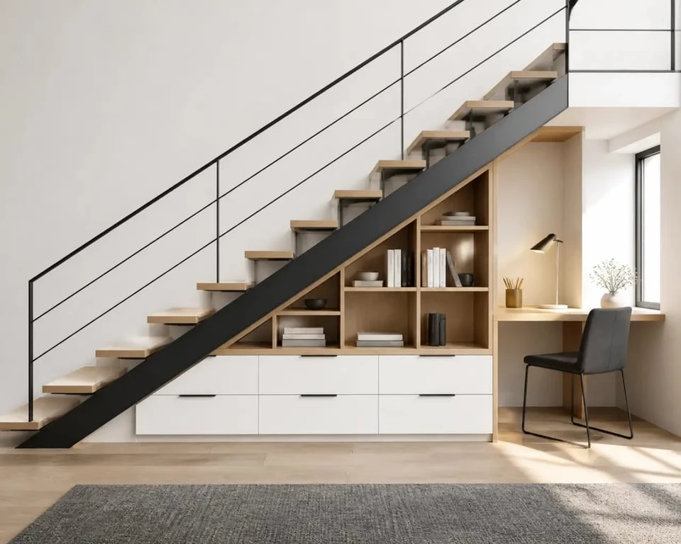 Aménagement sous escalier ouvert avec rangements, bureau et coin lecture dans un intérieur contemporain
