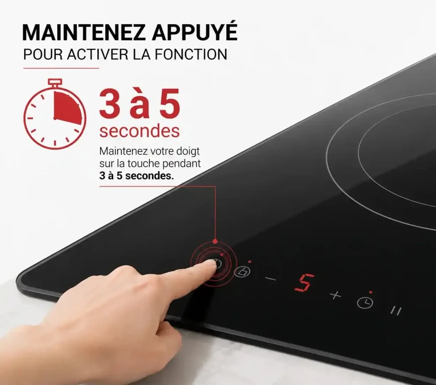 Procédure de déverrouillage d'une plaque de cuisson par appui prolongé