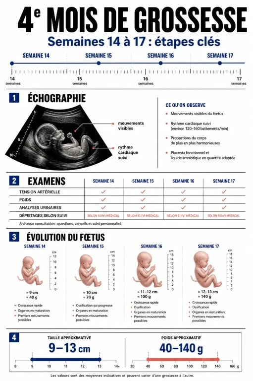 Infographie du 4e mois de grossesse : étapes clés et suivi médical