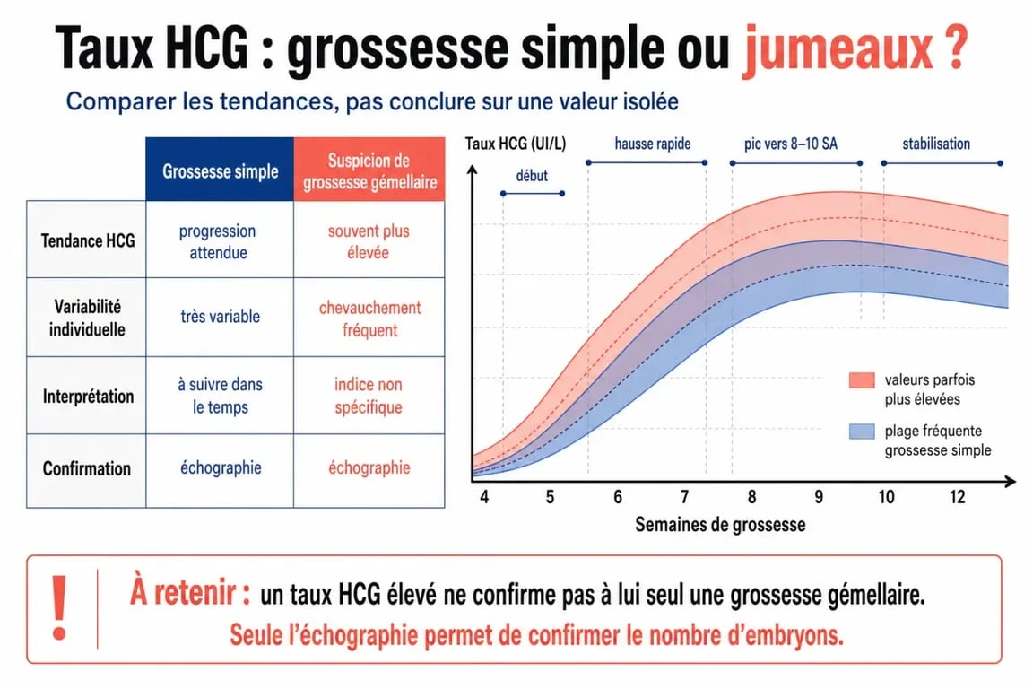 Tableau taux hcg jumeaux avec comparaison à une grossesse simple et repères d'évolution