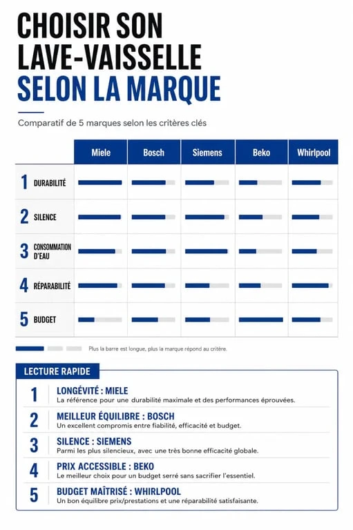Comparatif visuel pour savoir lave vaisselle quelle marque choisir selon durabilité, silence et budget