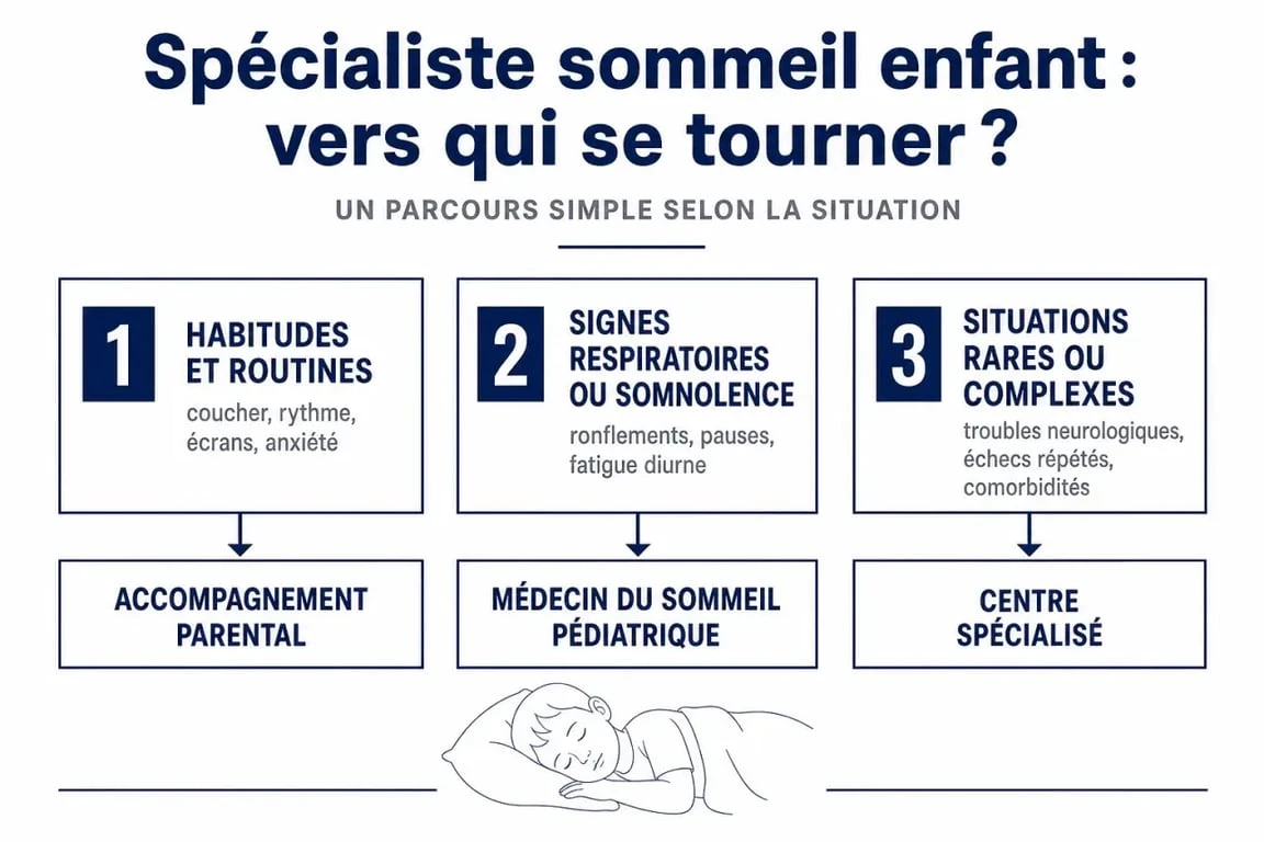 Spécialiste sommeil enfant : parcours visuel pour choisir entre accompagnement parental, médecin du sommeil et centre spécialisé
