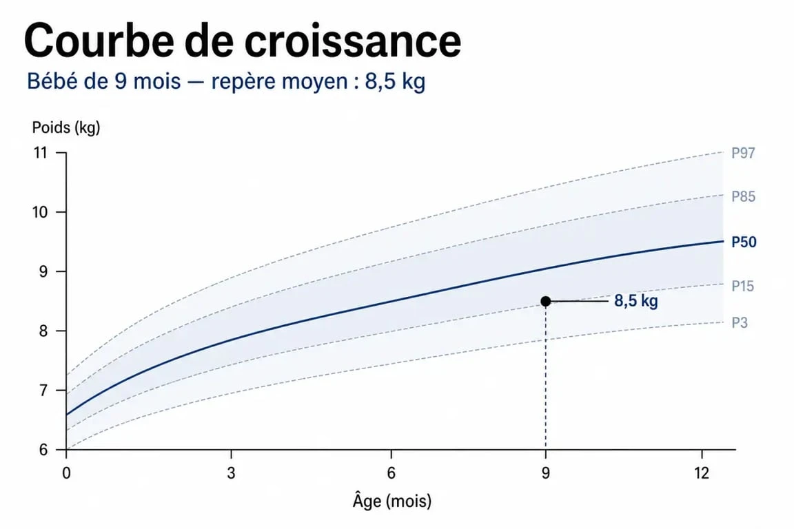 Poids bebe 9 mois sur courbe de croissance avec repères de percentiles