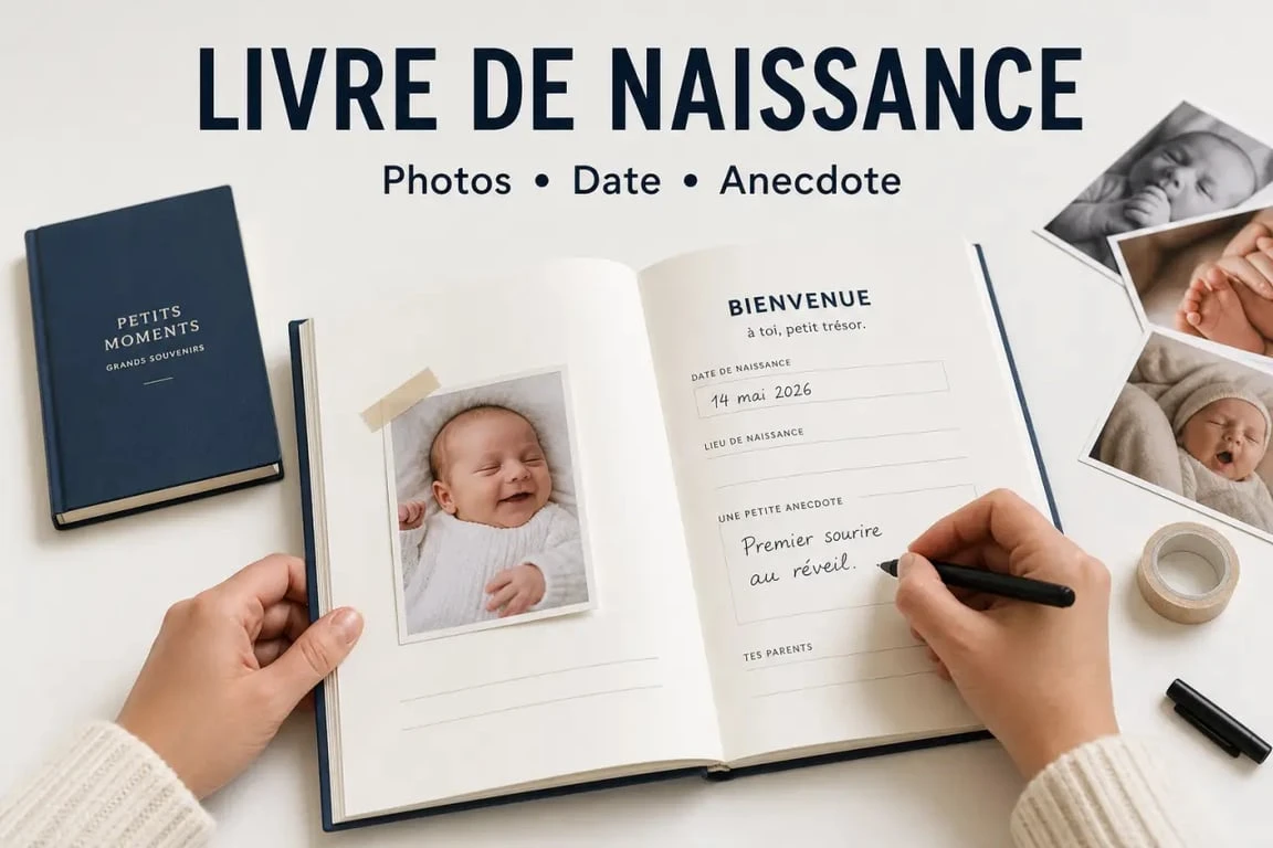 Parent en train de remplir un livre de naissance à remplir avec photos et anecdotes