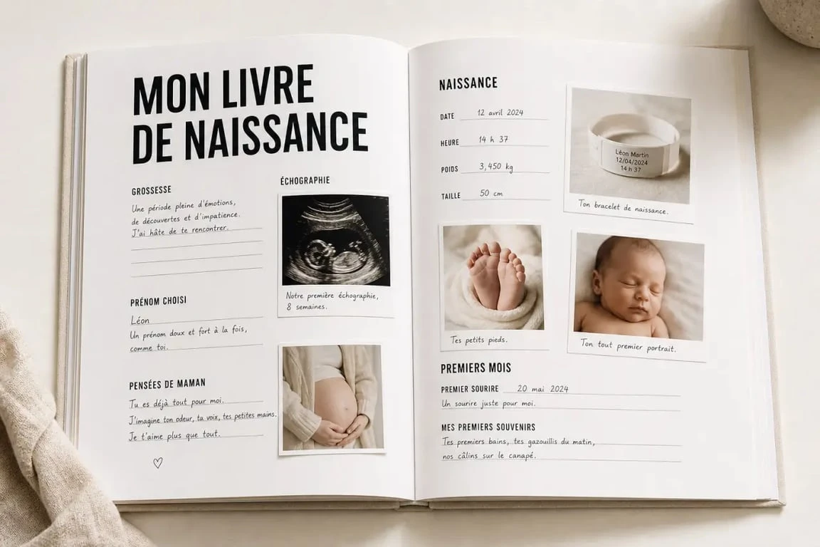 Livre de naissance à remplir ouvert avec pages de grossesse et premiers mois de bébé