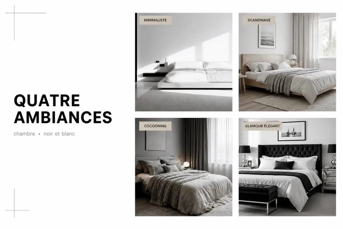 Comparatif visuel des styles pour une noir et blanc chambre : minimaliste, scandinave, cocooning et glamour