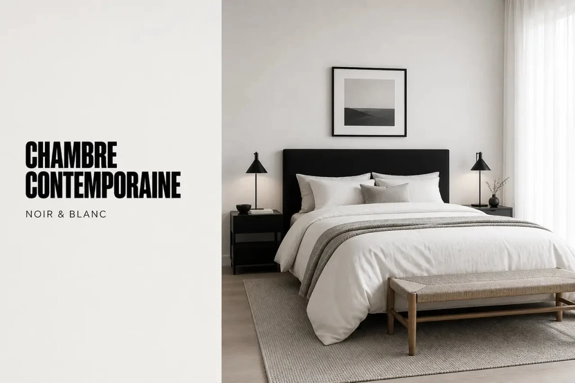 Chambre noir et blanc chambre contemporaine avec lit, tête de lit noire et lumière douce
