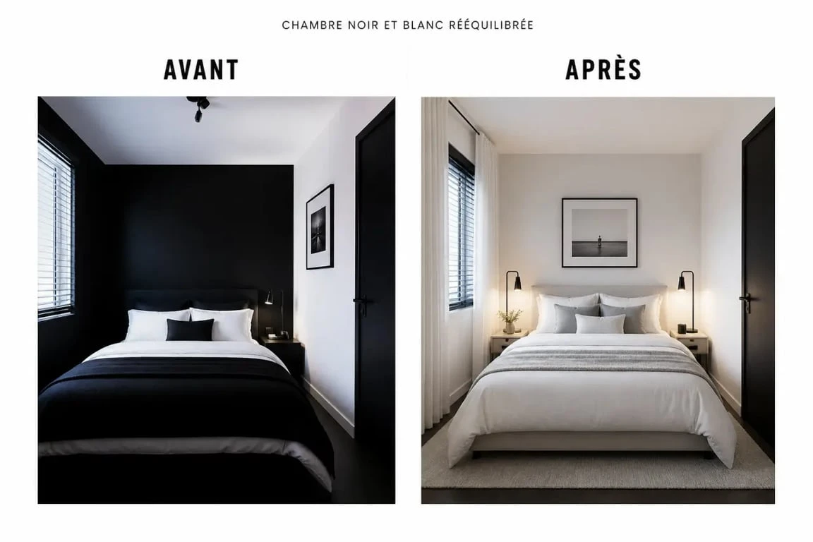 Avant après d'une noir et blanc chambre montrant un rééquilibrage du contraste et de la lumière