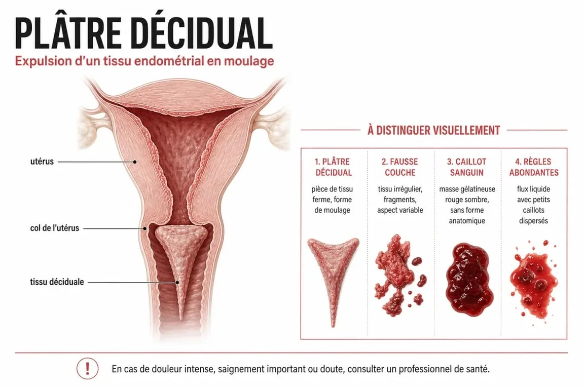 Decidual cast c'est quoi : schéma comparatif entre plâtre décidual, fausse couche, caillot sanguin et règles abondantes