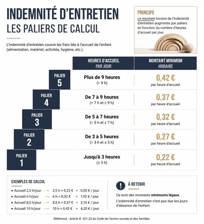 Infographie des paliers de calcul de l'indemnité d'entretien pour assistante maternelle
