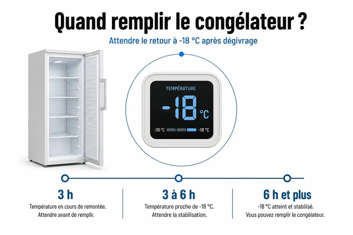 Combien de temps avant de remplir un congélateur apres degivrage : repères de délai et contrôle à -18°C