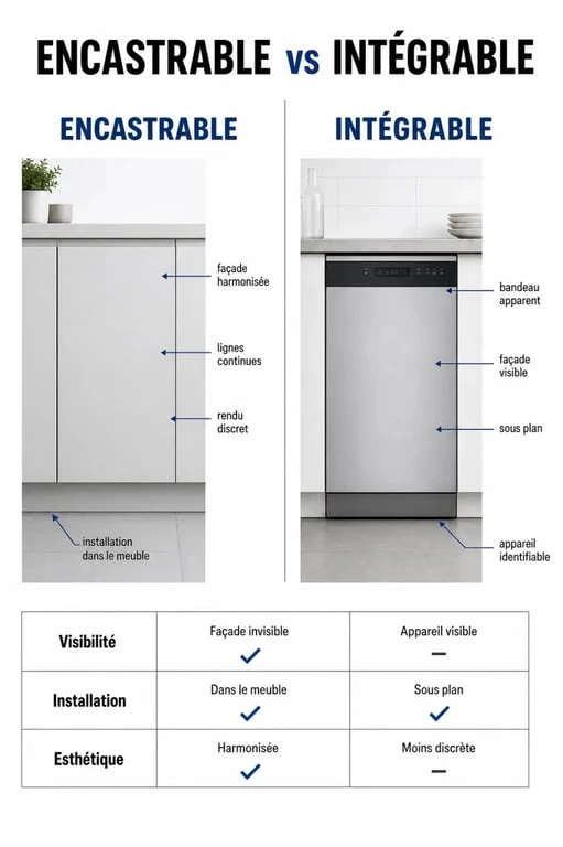 Différence entre encastrable et intégrable illustrée par une comparaison visuelle en cuisine