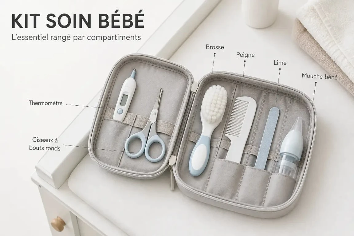 Kit soin bébé ouvert sur une table à langer avec thermomètre, ciseaux à bouts ronds, brosse, peigne et mouche-bébé