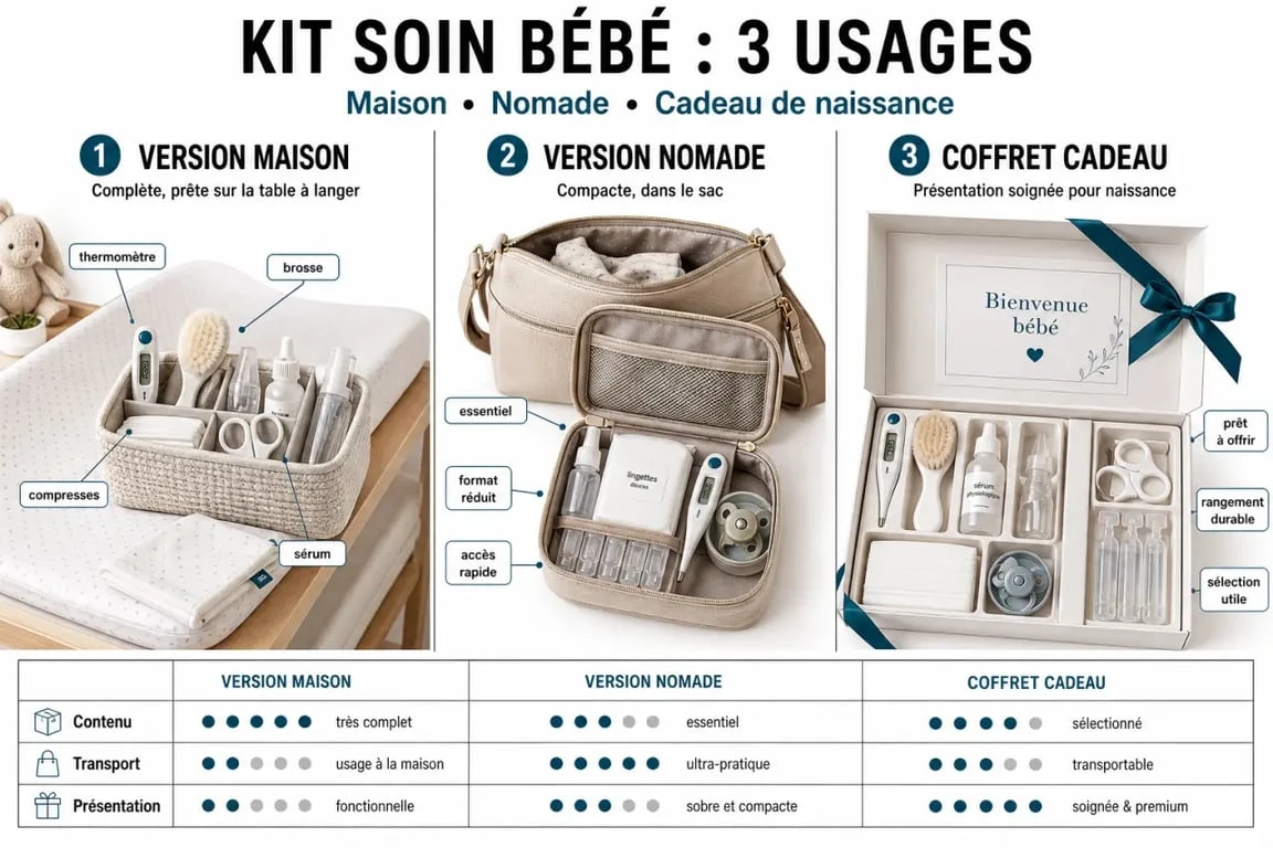 Kit soin bébé en version maison, nomade et coffret cadeau présenté en comparaison